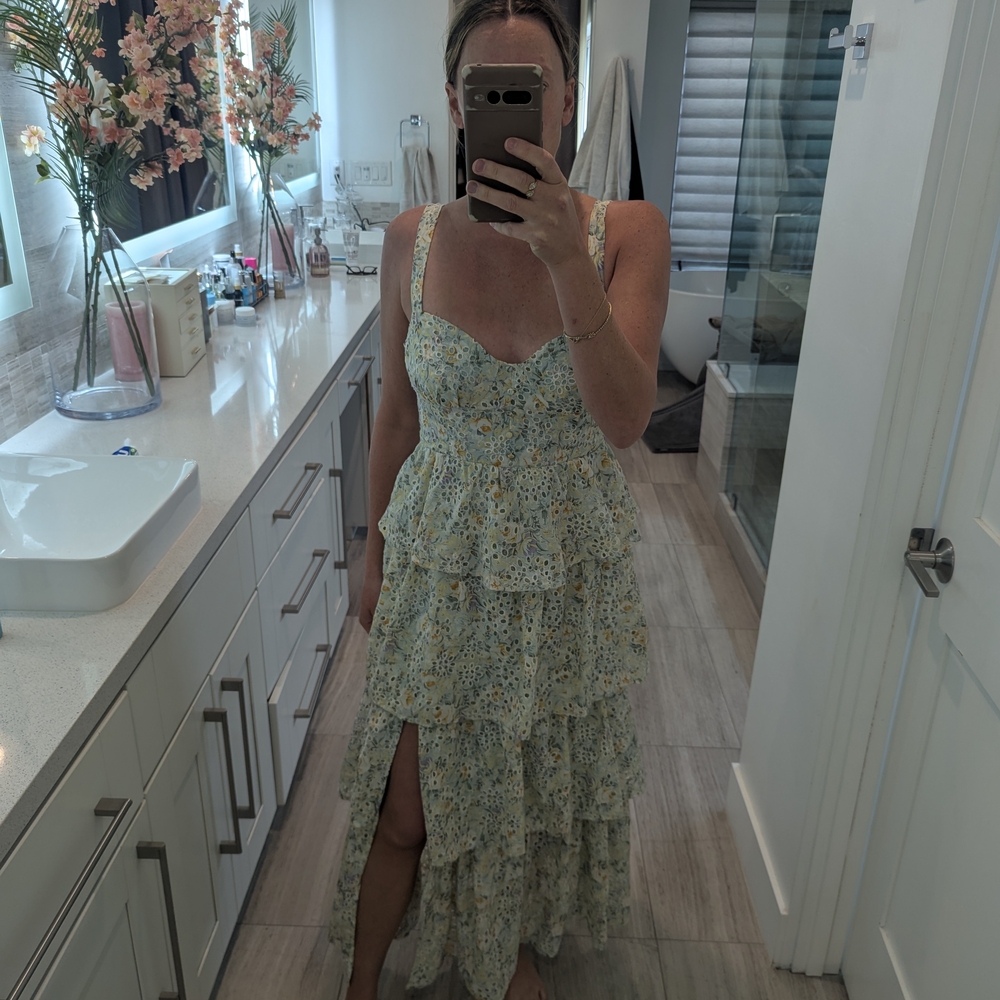 Astr Floral Tiered Maxi Dress - Light Blue and Yellow